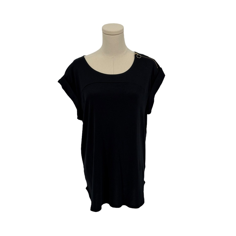 Lands End Black 1X 16W-18W Cotton Modal Zipper Shoulder‎ Tunic Top Shirt